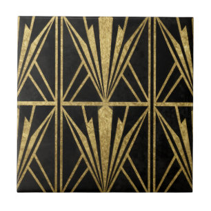 Carreau Or Art Déco Géométrique Motif Éventail Noir