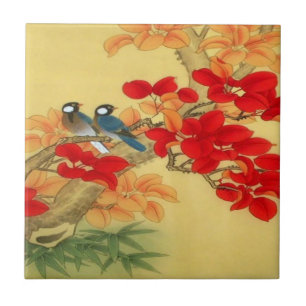 Carreau Or chinois et floral rouge