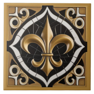 Carreau Or et noir Fleur de Lis Faux Relief Tan