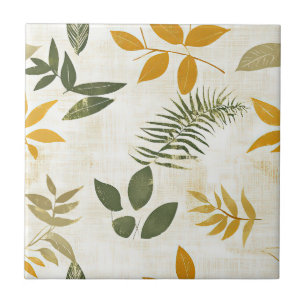 Carreau Or rustique doré et feuilles vertes sur crème