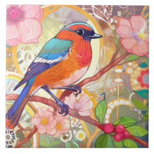 Carreau Orange Bird Girl rose Fleur de printemps florale