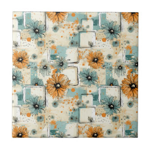 Carreau Orange Bleu Botanique Floral Crème Antique