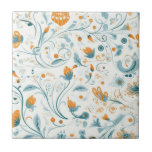 Carreau Orange bleu rétro motif floral<br><div class="desc">Fond blanc. Décoré de fleurs orangées et de feuillages bleus, style folklorique rétro</div>