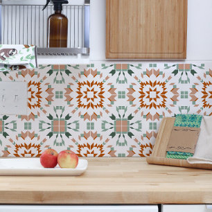 Carreau Orange Brûlé Vert Blanc Aztèque Tribal géométrique