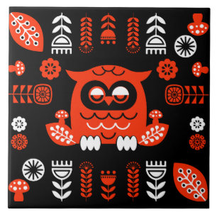 Carreau Orange Et Black Folk Art Hibou Nordique
