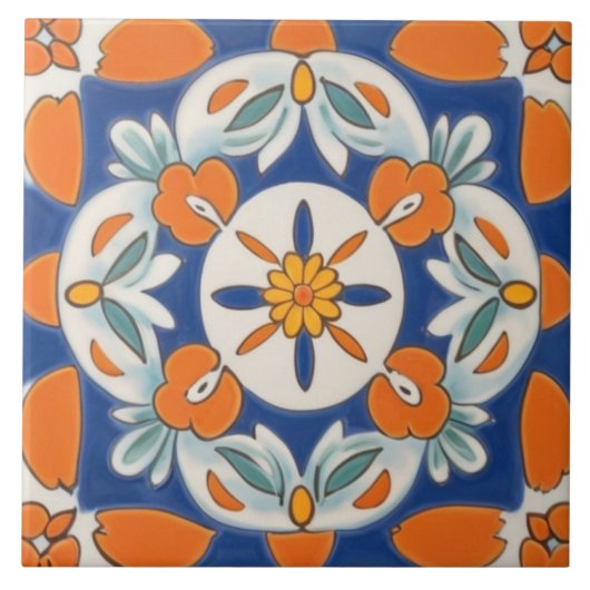 Carreau Orange et bleu Géométrique Floral Méditerranée (Devant)