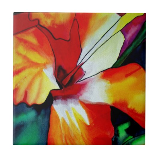 Carreau Orange Hibiscus fleurs tropicales aquarelle art (Devant)