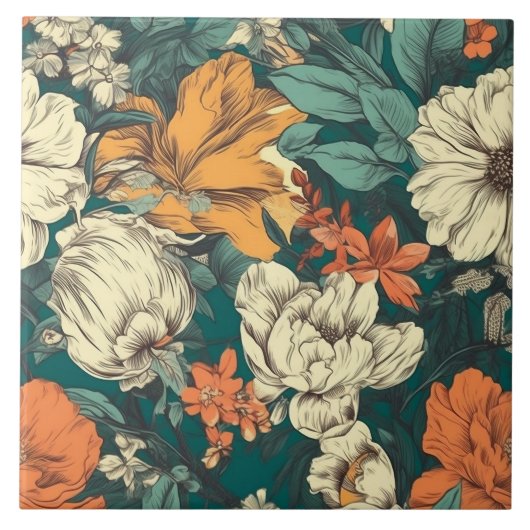 Carreau Orange, jaune et vert joliment fleuri (Devant)