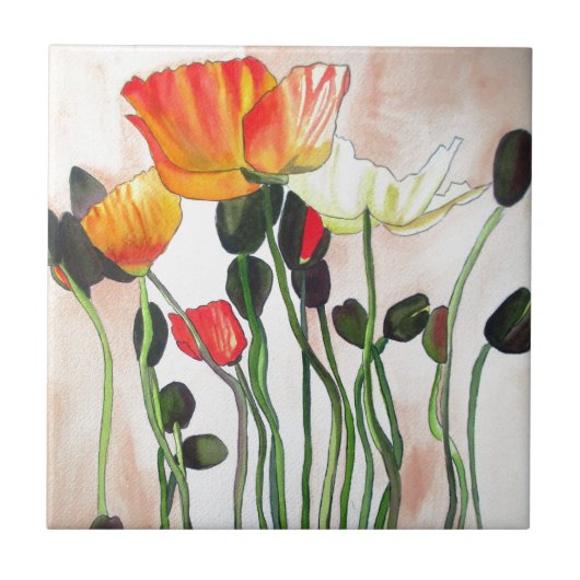 Carreau Orange Populaires fleurs aquarelle peinture (Devant)