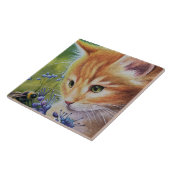 Carreau Orange Tabby Kitten & Bumblebee Aquarelle Art (Côté)