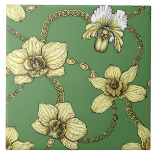 Carreau Orchidées et chaînes, jaune et vert kelly
