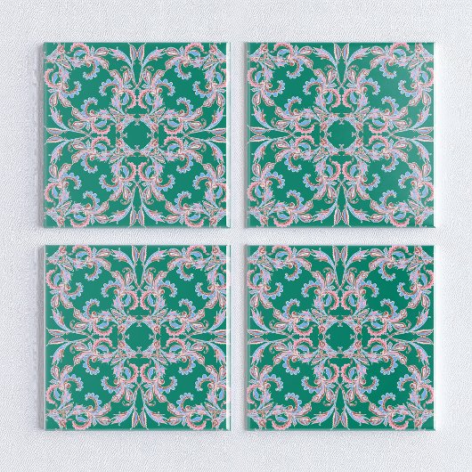 Carreau Ornate Floral Filigree Tile in Emerald Green