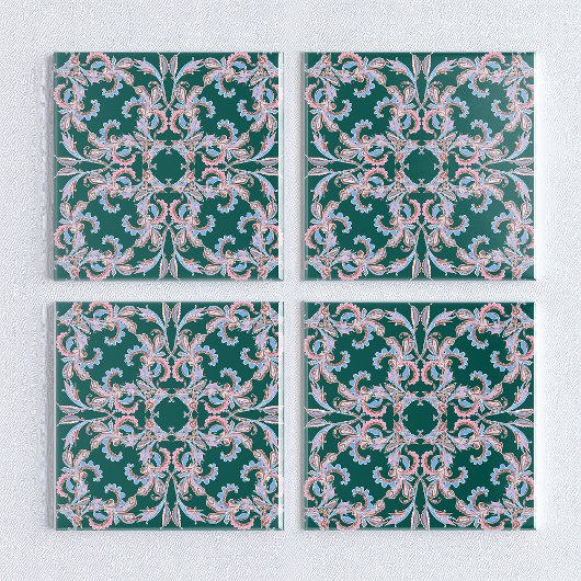 Carreau Ornate Floral Filigree Tile in Hunter Green 