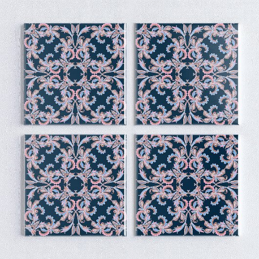 Carreau Ornate Floral Filigree Tile in Midnight Blue