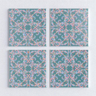 Carreau Ornate Floral Filigree Tile in Teal Blue