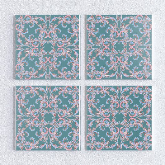 Carreau Ornate Floral Filigree Tile in Teal Blue