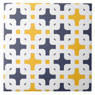 Carreau Ornement, bleu marine, blanc, jaune moutarde