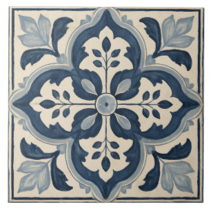 Carreau Ornement botanique indigo à quatre feuilles