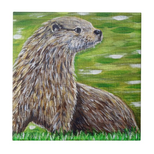 Carreau Otter sur une peinture de rive d'une rivière (Devant)