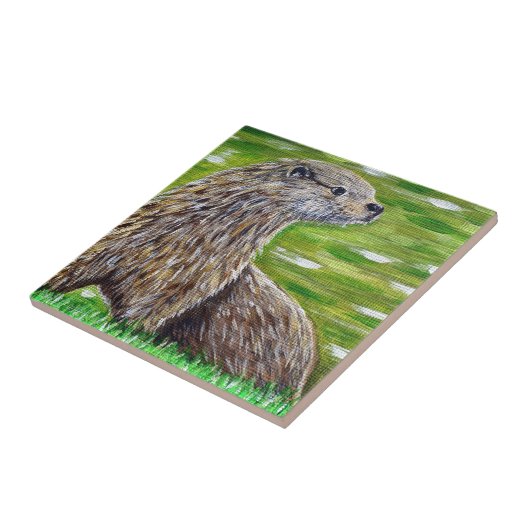 Carreau Otter sur une peinture de rive d'une rivière (Côté)