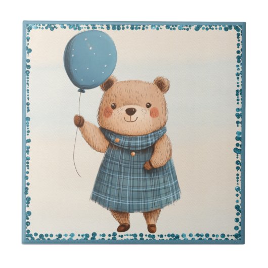 Carreau Ours de fille avec robe bleue plaid et ballon (Devant)