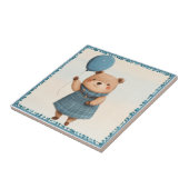 Carreau Ours de fille avec robe bleue plaid et ballon (Côté)