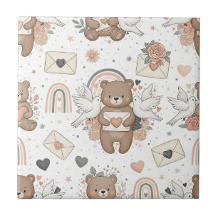 Carreau Ours en peluche de nurserie boho avec arcs-en-ciel