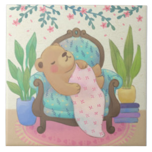 Carreau Ours en peluche sur illustration de fauteuil vinta