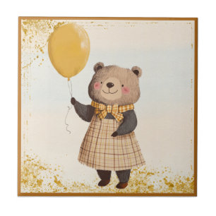 Carreau Ours en robe jaune avec ballon jaune