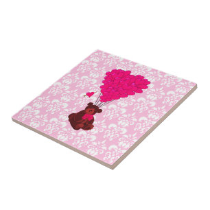 Carreau Ours et ballons de coeur sur damas rose