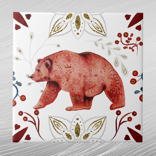 Carreau Ours rouge nordique Aquarelle Art folklorique