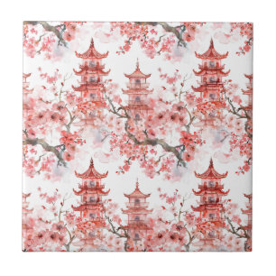 Carreau Pagode asiatique vintage à fleurs roses - Art scén