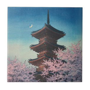Carreau Pagode de printemps japonaise vintage en gravure s