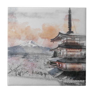 Carreau Pagode japonaise et Fuji à l'aquarelle 