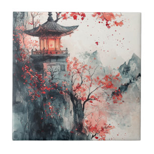 Carreau Pagode Sakura Crimson Aquarelle