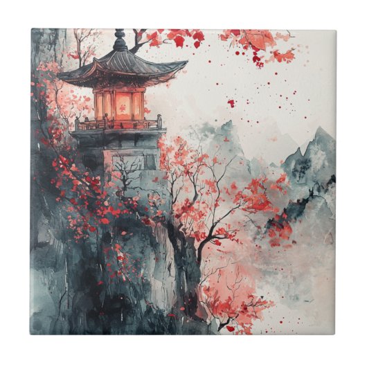 Carreau Pagode Sakura Crimson Aquarelle (Devant)