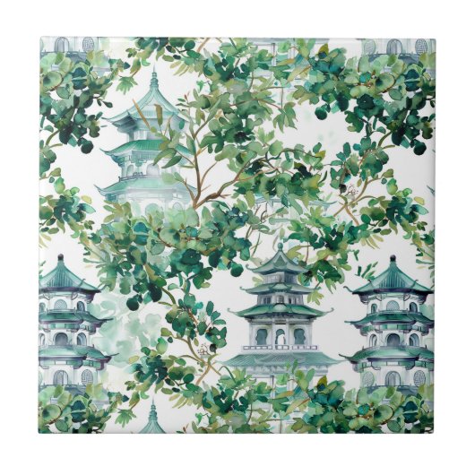 Carreau Pagodes à l'aquarelle Forêt d'olive Paysage asiati (Devant)