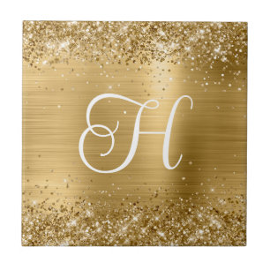 Carreau Paillettes dorées et monogramme en feuille d'or