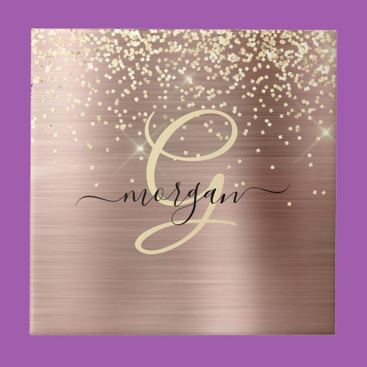 Carreau Paillettes dorées, monogramme doré, nom en script 