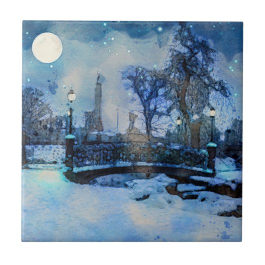 Carreau Painting of winter night in city park (Devant)