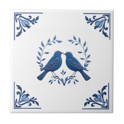 Carreau Paire d'oiseaux romantique Delft Blue White Floral (Devant)