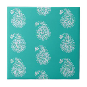 Carreau Paisley perse - blanc sur turquoise