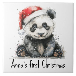 Carreau panda bébé en casquette de noël, personnalisable