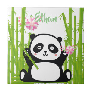 Carreau Panda heureux avec bambou et fleurs de cerisiers