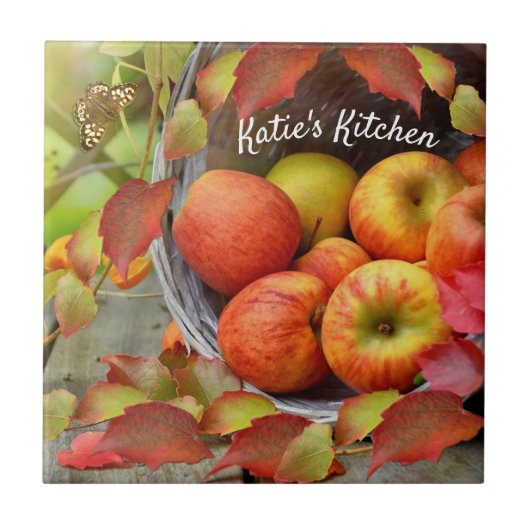 Carreau Panier de pomme coloré et feuilles d'automne. Pers (Devant)