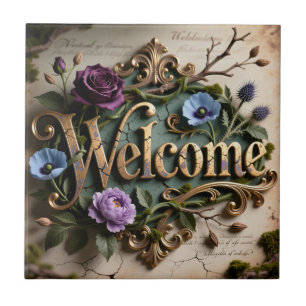 Carreau Panneau rond de bienvenue en or floral antique