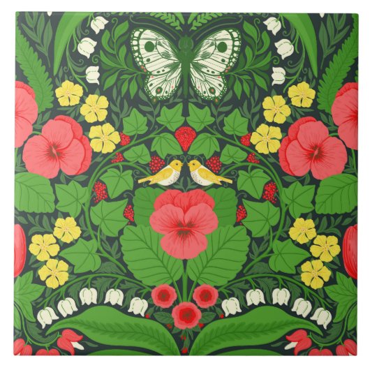 Carreau Pansies rouges, oiseaux et papillons (Devant)