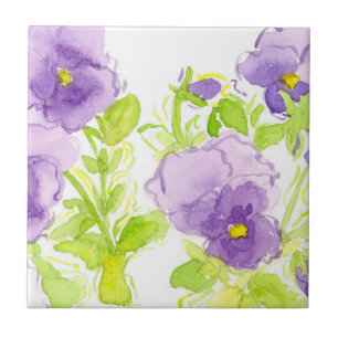 Carreau Pansies violettes Pastel Aquarelle Fleurs
