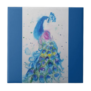 Carreau Paon bleu aquarelle oiseau bleu marine Oiseaux