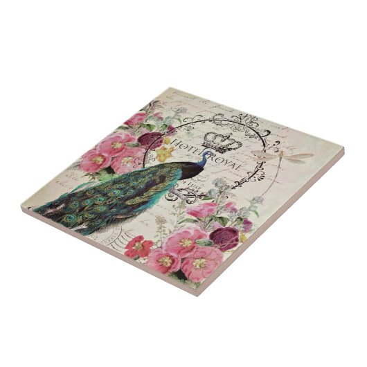 Carreau Paon et fleurs printanières (Côté)